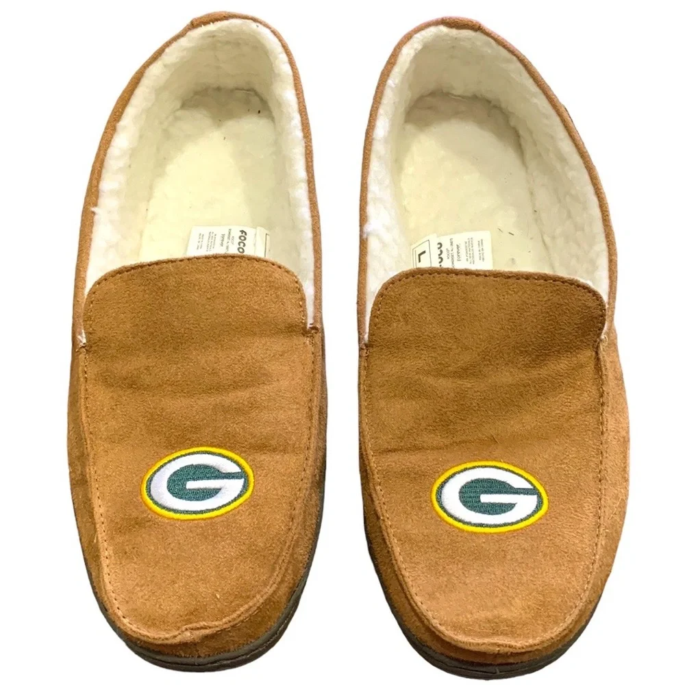 FOCO Men’s NWOT NFL large Green Bay Packer Brown Moccasin Slippers with logo